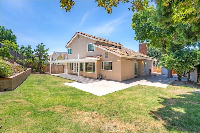 24046 Lindley St, Mission Viejo, CA 92691 - rear view of house with stucco siding, a pergola, a fenced backyard, a tile roof, and a patio area