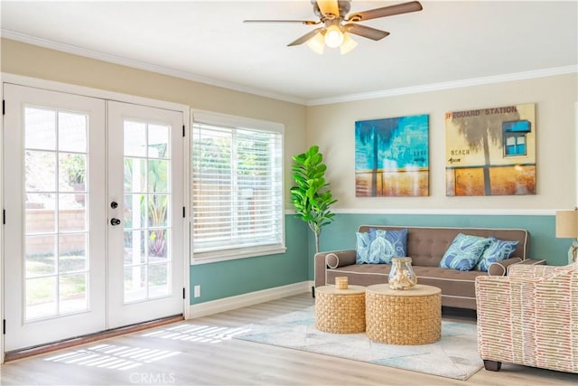 24046 Lindley St, Mission Viejo, CA 92691 - living area with french doors, crown molding, wood finished floors, and ceiling fan