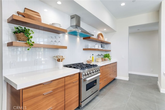 1912 Edgefair Ln, Redlands, CA 92373 - kitchen with open shelves, extractor fan, stainless steel range, and recessed lighting