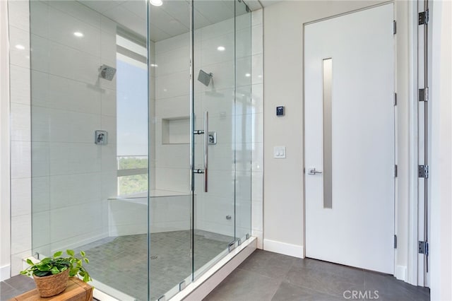 1912 Edgefair Ln, Redlands, CA 92373 - bathroom with a stall shower, tile patterned flooring, and recessed lighting