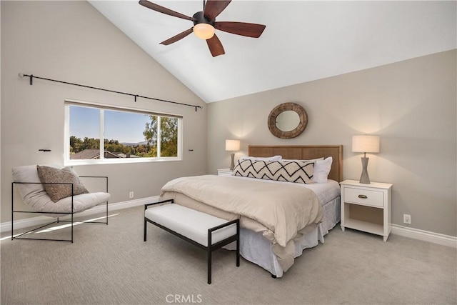 24532 La Cienega St, Laguna Hills, CA 92653 - bedroom featuring light carpet, high vaulted ceiling, and ceiling fan