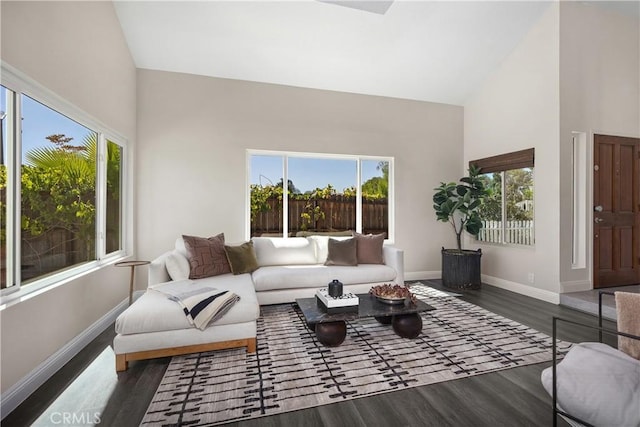 24532 La Cienega St, Laguna Hills, CA 92653 - living area featuring high vaulted ceiling, plenty of natural light, and wood finished floors