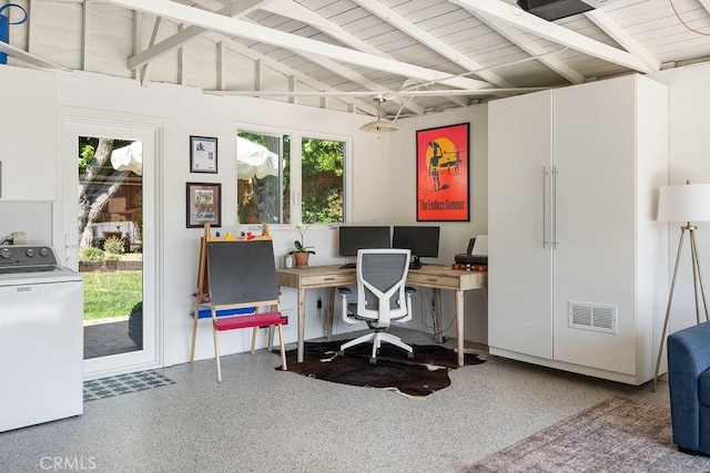 484 E 16th St, Costa Mesa, CA 92627 - office featuring washer / clothes dryer, wooden ceiling, and speckle patterned floor