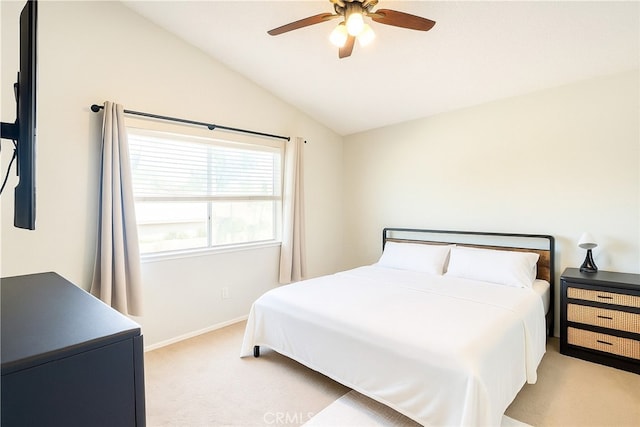 14016 Las Entradas, Bakersfield, CA 93314 - bedroom with light carpet, vaulted ceiling, and ceiling fan