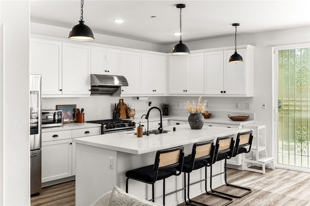 872 Bluebell Way, Beaumont, CA 92223 - kitchen featuring range hood, stainless steel appliances, light wood-style flooring, light countertops, and white cabinets