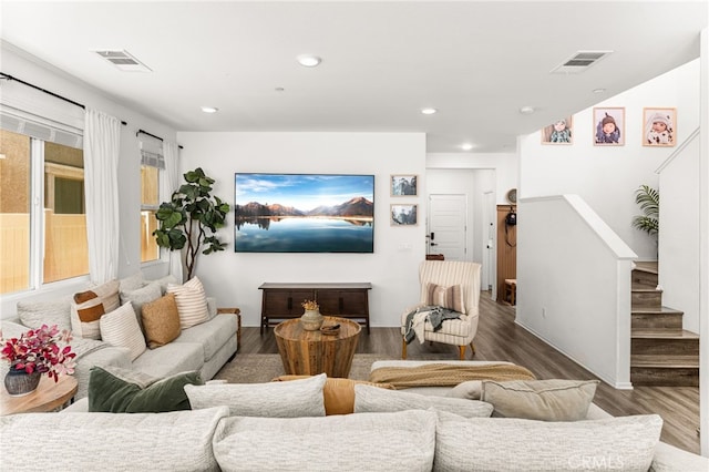 872 Bluebell Way, Beaumont, CA 92223 - living area featuring wood finished floors, recessed lighting, and stairway