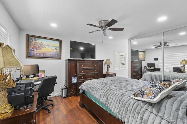 2164 Bluehaven Ct, San Diego, CA 92154 - bedroom with an office area, dark wood finished floors, recessed lighting, and a ceiling fan