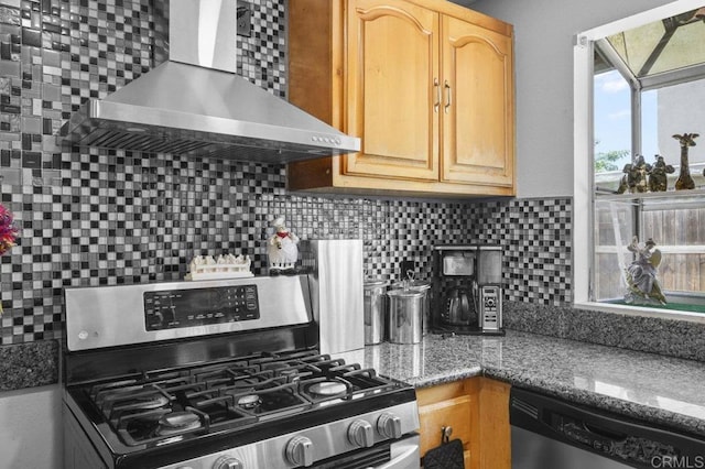 2164 Bluehaven Ct, San Diego, CA 92154 - kitchen with appliances with stainless steel finishes, wall chimney range hood, backsplash, and light brown cabinets