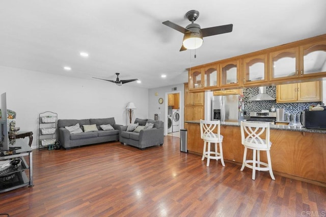 2164 Bluehaven Ct, San Diego, CA 92154 - living area with ceiling fan, dark wood-style flooring, washer / dryer, and recessed lighting