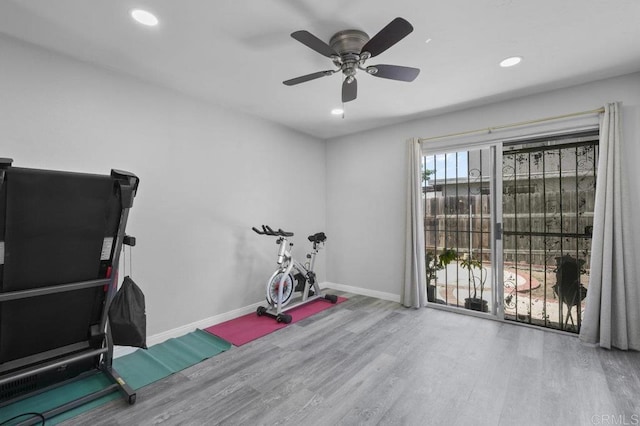 2164 Bluehaven Ct, San Diego, CA 92154 - workout room featuring wood finished floors, a ceiling fan, and recessed lighting