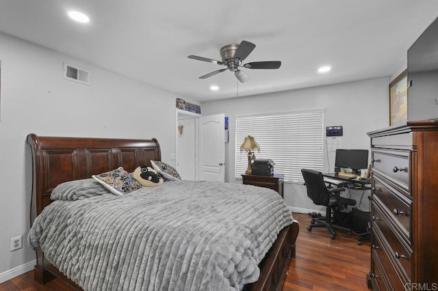 2164 Bluehaven Ct, San Diego, CA 92154 - bedroom featuring an office area, dark wood-style floors, recessed lighting, and a ceiling fan