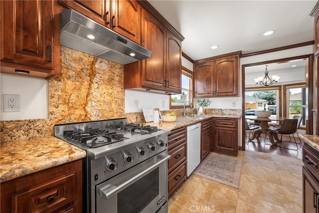 5116 Faust Ave, Lakewood, CA 90713 - kitchen featuring designer stove, under cabinet range hood, dishwasher, a chandelier, and ornamental molding