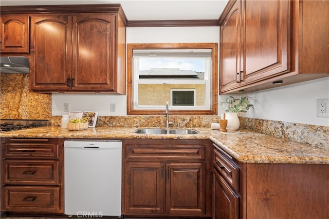 5116 Faust Ave, Lakewood, CA 90713 - kitchen featuring white dishwasher, decorative backsplash, light stone countertops, ornamental molding, and wall chimney range hood