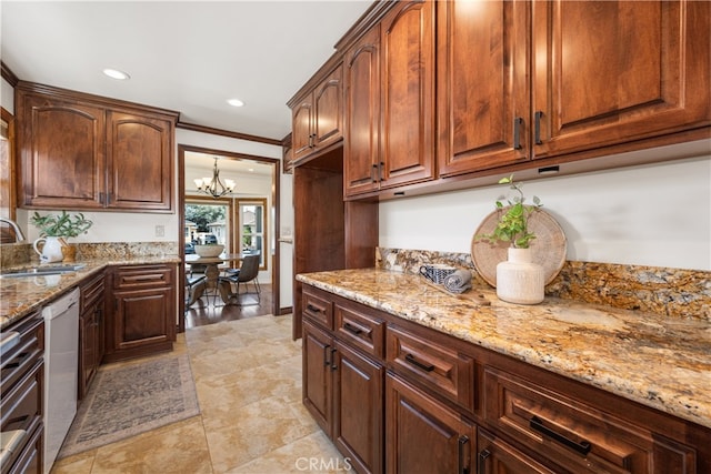 5116 Faust Ave, Lakewood, CA 90713 - kitchen featuring dishwasher, light stone countertops, a chandelier, recessed lighting, and crown molding