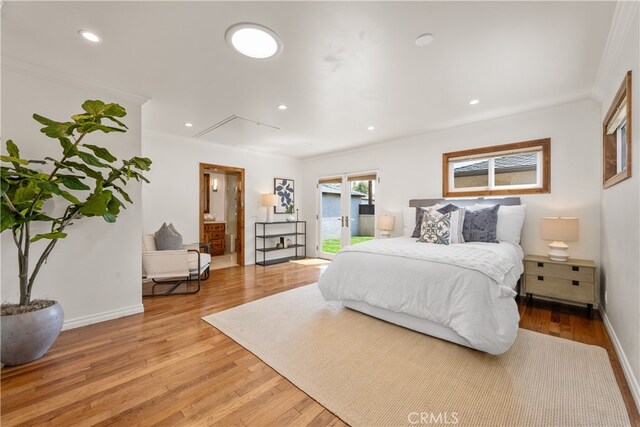 5116 Faust Ave, Lakewood, CA 90713 - bedroom with crown molding, light wood-type flooring, access to outside, recessed lighting, and connected bathroom