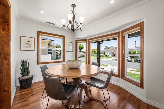 5116 Faust Ave, Lakewood, CA 90713 - dining space with a chandelier, wood-type flooring, ornamental molding, and recessed lighting