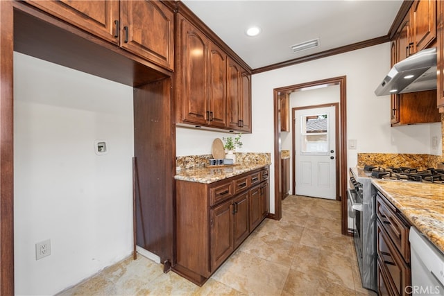 5116 Faust Ave, Lakewood, CA 90713 - kitchen with under cabinet range hood, stainless steel gas range oven, white dishwasher, light stone countertops, and ornamental molding