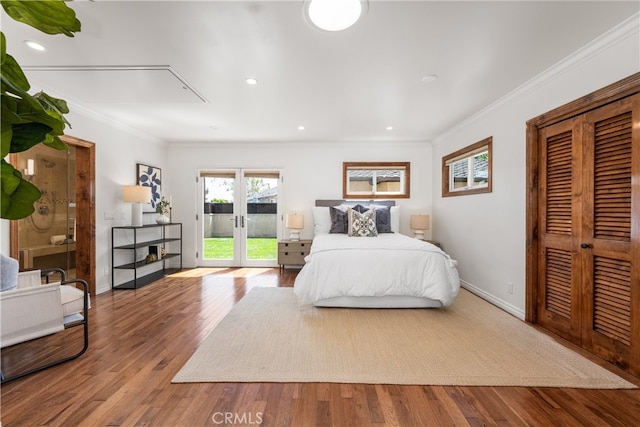 5116 Faust Ave, Lakewood, CA 90713 - bedroom featuring access to exterior, crown molding, wood finished floors, french doors, and recessed lighting
