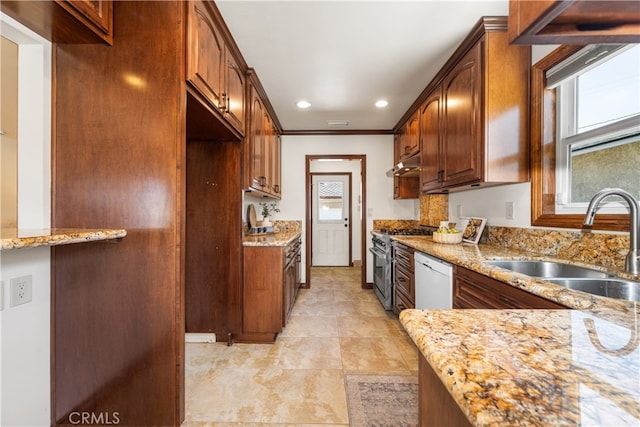 5116 Faust Ave, Lakewood, CA 90713 - kitchen featuring light stone countertops, stainless steel stove, white dishwasher, under cabinet range hood, and recessed lighting