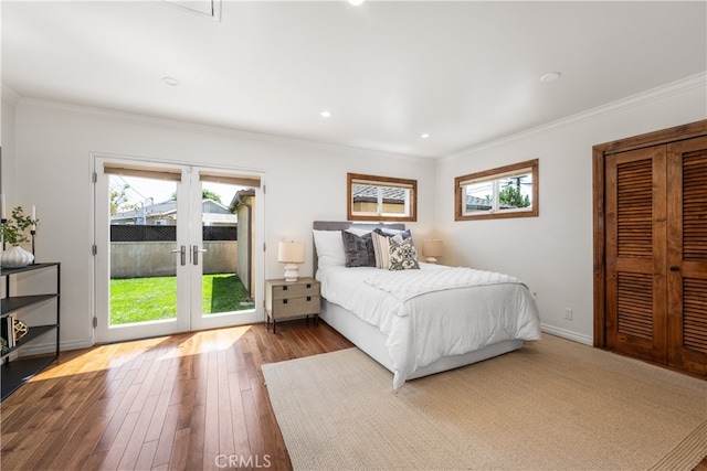 5116 Faust Ave, Lakewood, CA 90713 - bedroom with access to exterior, french doors, hardwood / wood-style floors, ornamental molding, and recessed lighting