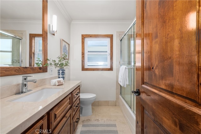 5116 Faust Ave, Lakewood, CA 90713 - bathroom with vanity, plenty of natural light, crown molding, and enclosed tub / shower combo