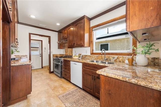 5116 Faust Ave, Lakewood, CA 90713 - kitchen with stainless steel range, white dishwasher, under cabinet range hood, healthy amount of natural light, and ornamental molding