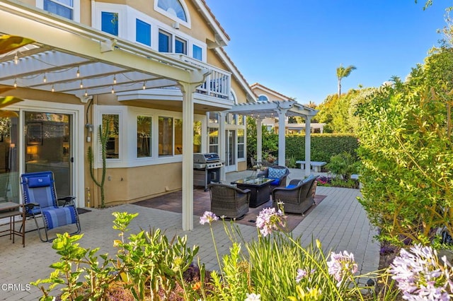 2106 Fox Den Ct, Oxnard, CA 93036 - view of patio featuring a pergola, an outdoor hangout area, a wooden deck, and a grill