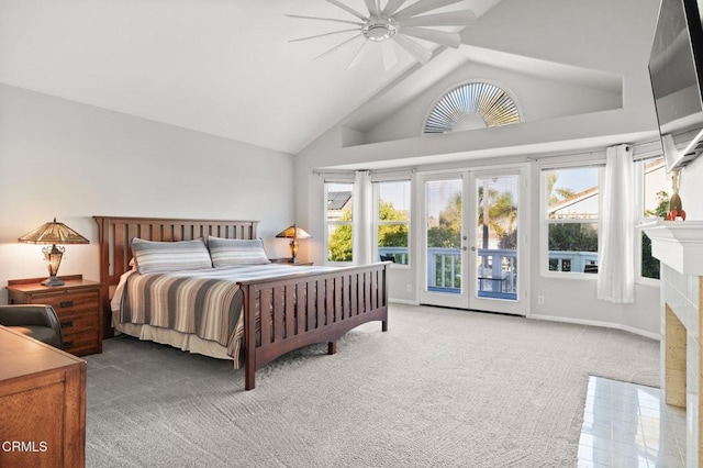2106 Fox Den Ct, Oxnard, CA 93036 - bedroom with access to outside, carpet, french doors, a ceiling fan, and high vaulted ceiling
