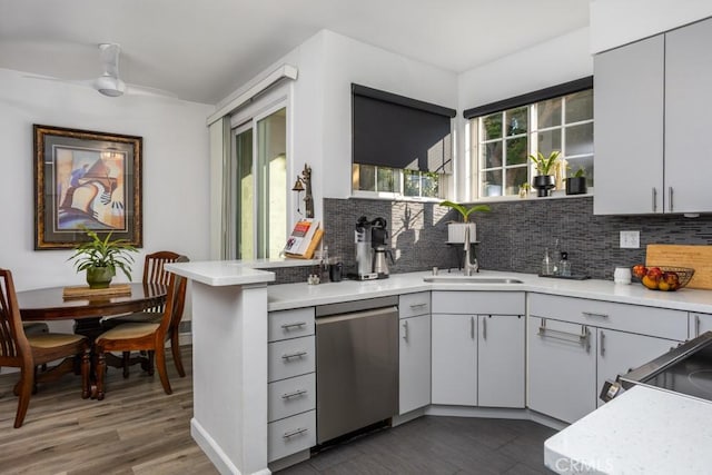 17 Carnegie, San Jose, CA 95116 - kitchen featuring dishwasher, dark wood-style flooring, and decorative backsplash