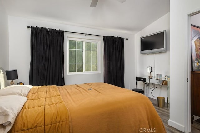 17 Carnegie, San Jose, CA 95116 - bedroom featuring wood finished floors, vaulted ceiling, and a ceiling fan