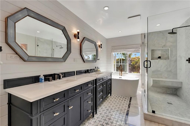 19325 Peachtree Ln, Huntington Beach, CA 92648 - full bath with a stall shower, a freestanding tub, double vanity, and tile patterned floors