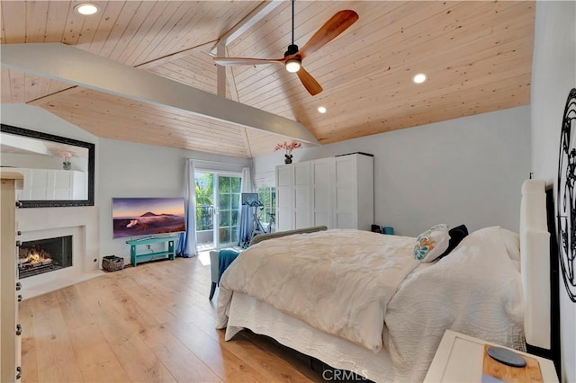 19325 Peachtree Ln, Huntington Beach, CA 92648 - bedroom with wood ceiling, wood-type flooring, recessed lighting, a lit fireplace, and ceiling fan