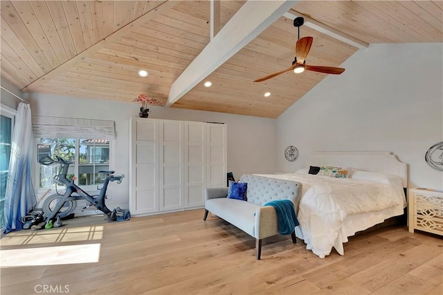 19325 Peachtree Ln, Huntington Beach, CA 92648 - bedroom featuring wooden ceiling, light wood-type flooring, recessed lighting, and ceiling fan