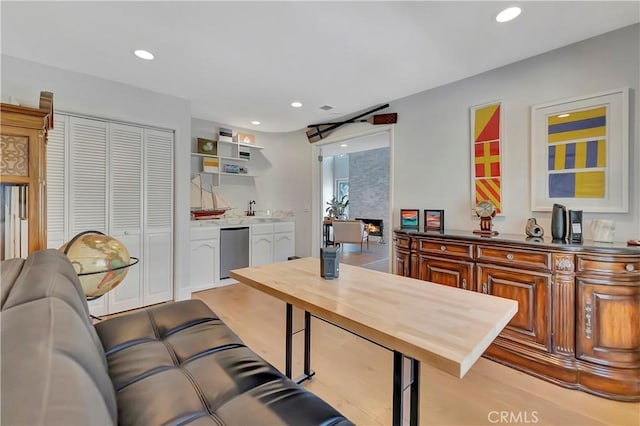 19325 Peachtree Ln, Huntington Beach, CA 92648 - kitchen featuring open shelves, recessed lighting, fridge, and butcher block countertops