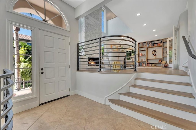19325 Peachtree Ln, Huntington Beach, CA 92648 - foyer entrance with stairs, tile patterned flooring, and recessed lighting