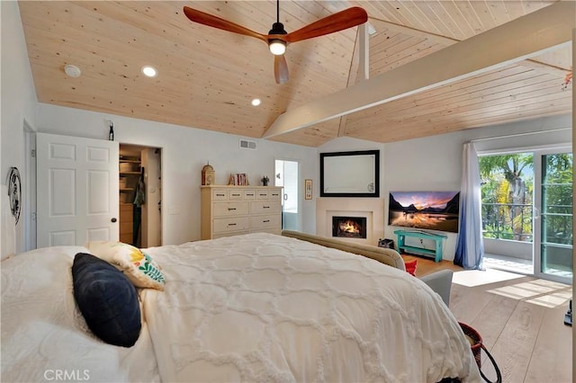19325 Peachtree Ln, Huntington Beach, CA 92648 - bedroom with wood ceiling, access to exterior, wood finished floors, a lit fireplace, and recessed lighting