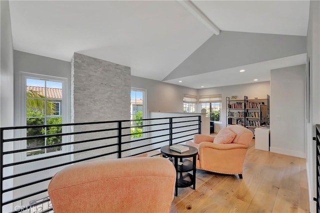 19325 Peachtree Ln, Huntington Beach, CA 92648 - living area featuring beam ceiling, light wood-type flooring, and high vaulted ceiling