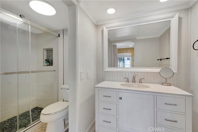 19325 Peachtree Ln, Huntington Beach, CA 92648 - bathroom featuring a stall shower, vanity, and crown molding