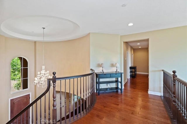 16858 Mariposa Ave, Riverside, CA 92504 - hall featuring an upstairs landing, hardwood / wood-style flooring, a chandelier, and recessed lighting