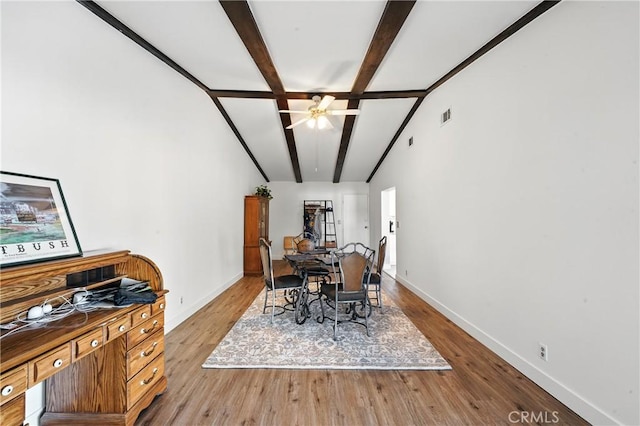 2007 Socrates Ave, Simi Valley, CA 93065 - dining space with beam ceiling, wood finished floors, high vaulted ceiling, and ceiling fan