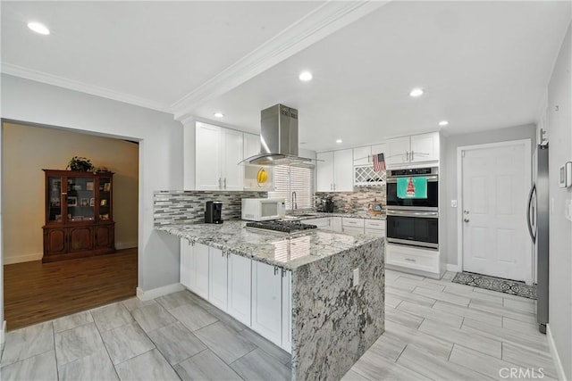 2007 Socrates Ave, Simi Valley, CA 93065 - kitchen featuring island range hood, stainless steel appliances, a peninsula, crown molding, and tasteful backsplash
