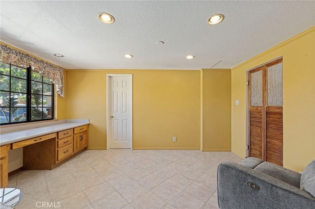 8038 Cyclamen Way, Buena Park, CA 90620 - unfurnished office with built in study area, crown molding, a textured ceiling, and recessed lighting