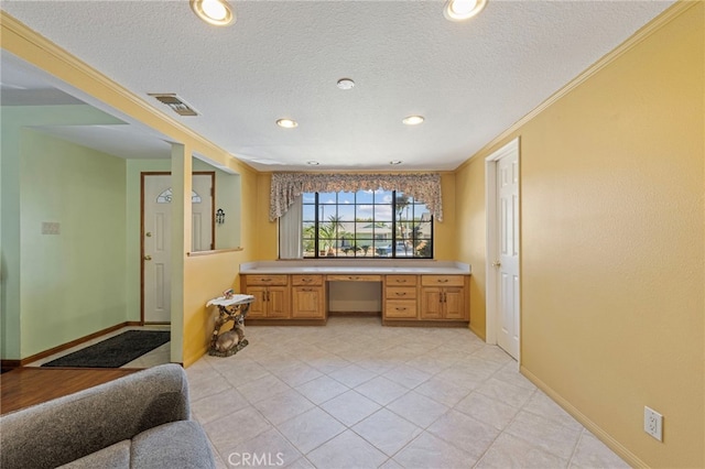 8038 Cyclamen Way, Buena Park, CA 90620 - office space with a textured ceiling, built in study area, recessed lighting, ornamental molding, and light tile patterned floors