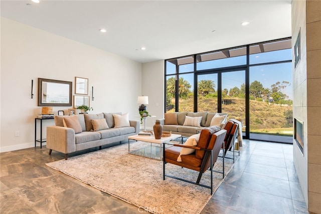 1922 Edgefair Ln, Redlands, CA 92373 - living area featuring a wall of windows, recessed lighting, and a fireplace