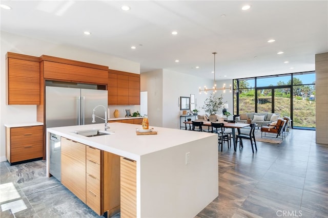 1922 Edgefair Ln, Redlands, CA 92373 - kitchen featuring modern cabinets, stainless steel appliances, floor to ceiling windows, recessed lighting, and light countertops