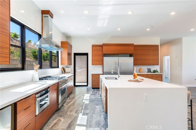 1922 Edgefair Ln, Redlands, CA 92373 - kitchen featuring island range hood, high end appliances, modern cabinets, brown cabinets, and light countertops