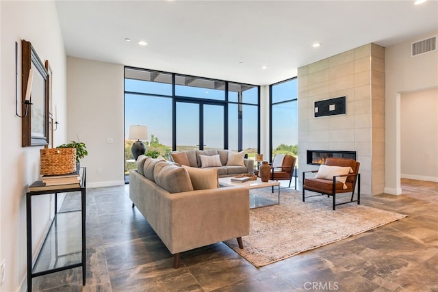 1922 Edgefair Ln, Redlands, CA 92373 - living area with a wall of windows, recessed lighting, and a fireplace