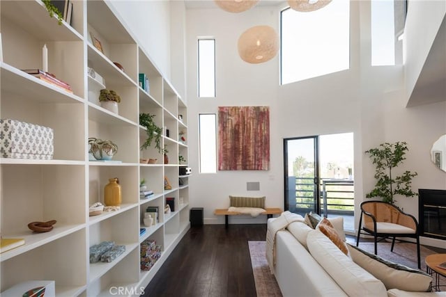 1830 N Alvarado St Unit 14, Los Angeles, CA 90026 - living area featuring a towering ceiling and dark wood finished floors