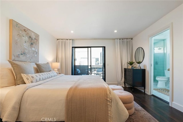 1830 N Alvarado St Unit 14, Los Angeles, CA 90026 - bedroom featuring dark wood-style floors, access to outside, recessed lighting, and ensuite bathroom