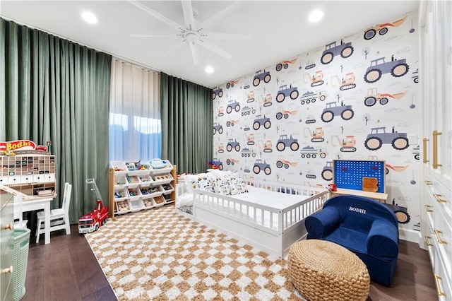 810 E Dalton Ave, Glendora, CA 91741 - bedroom with a crib, recessed lighting, wood finished floors, and a ceiling fan